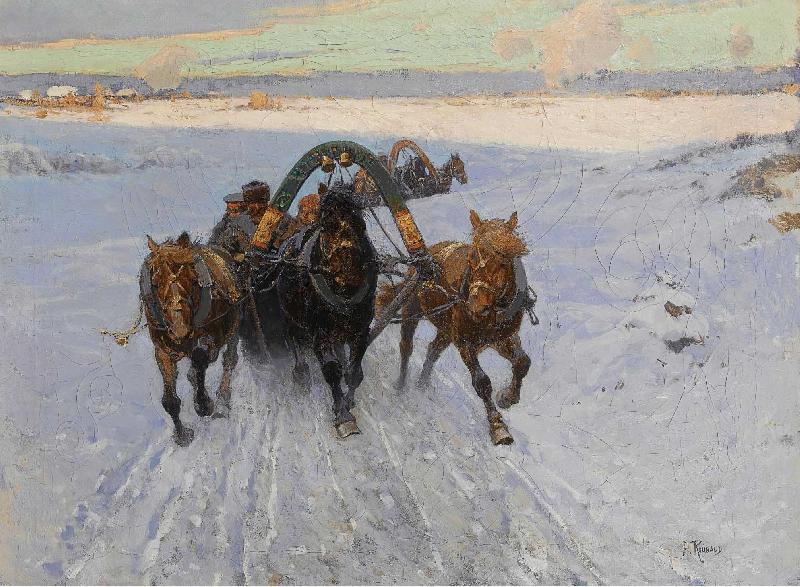 Franz Roubaud Troika racing through the snow China oil painting art